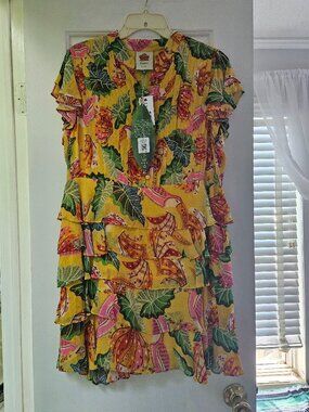 farm rio x anthropologie long-sleeve ruffle-shoulder shift mini dress Farm Rio for Anthropologie Bright Floral Puff Sleeve Mini Dress Womens Medium